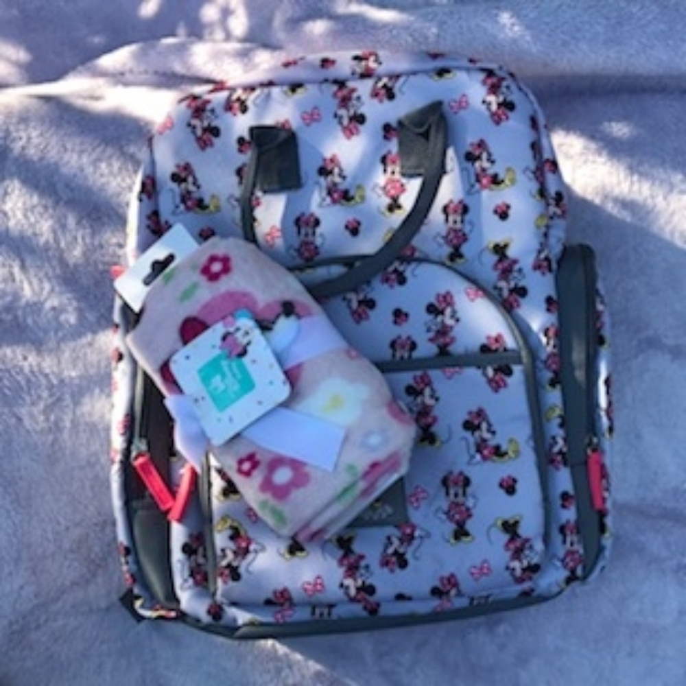 Minnie Mouse Kids Backpack - Gray and Pink... With Fleece Blanket